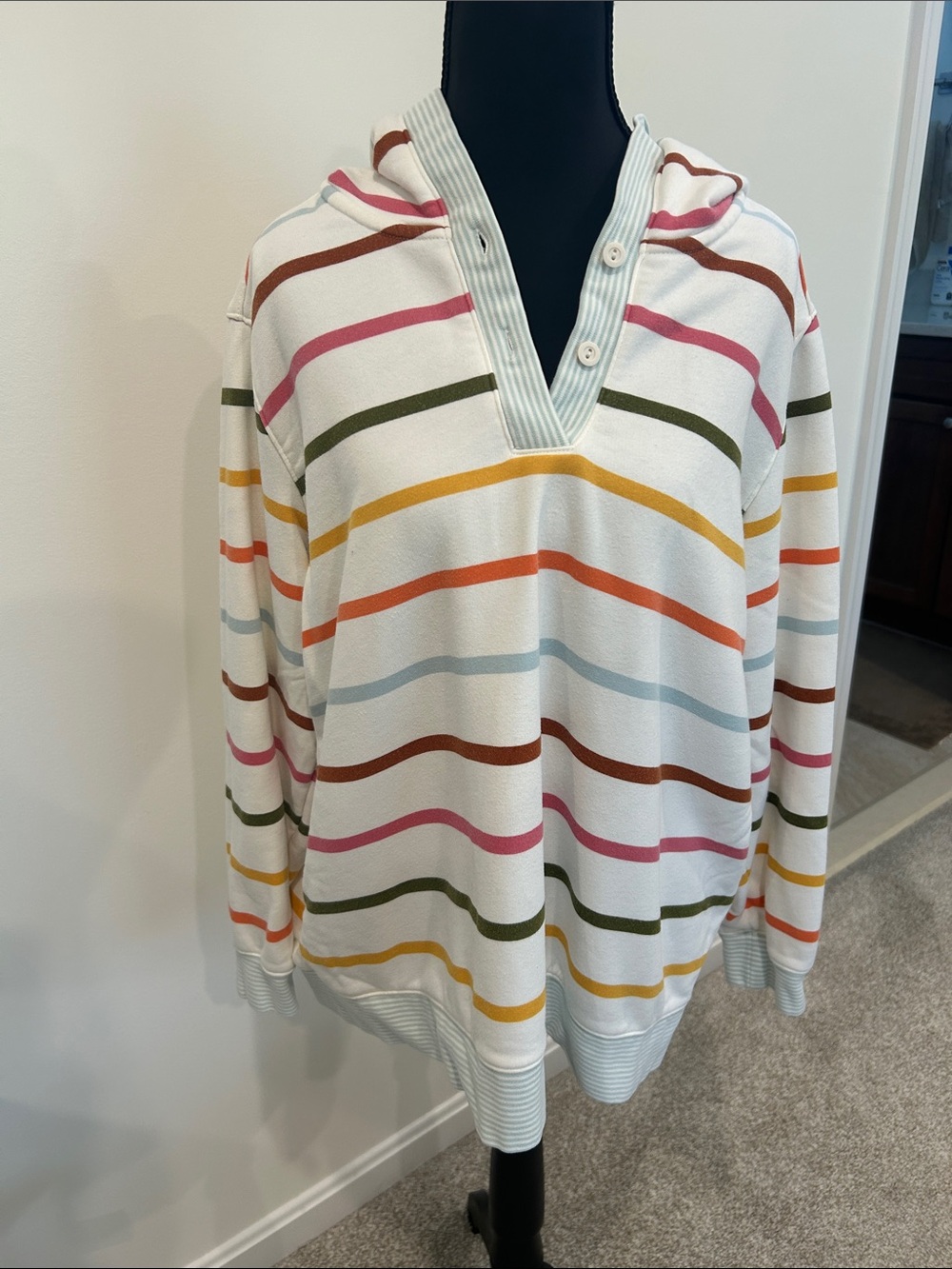 Women’s White Multi-Stripe Hooded Pullover Sweater